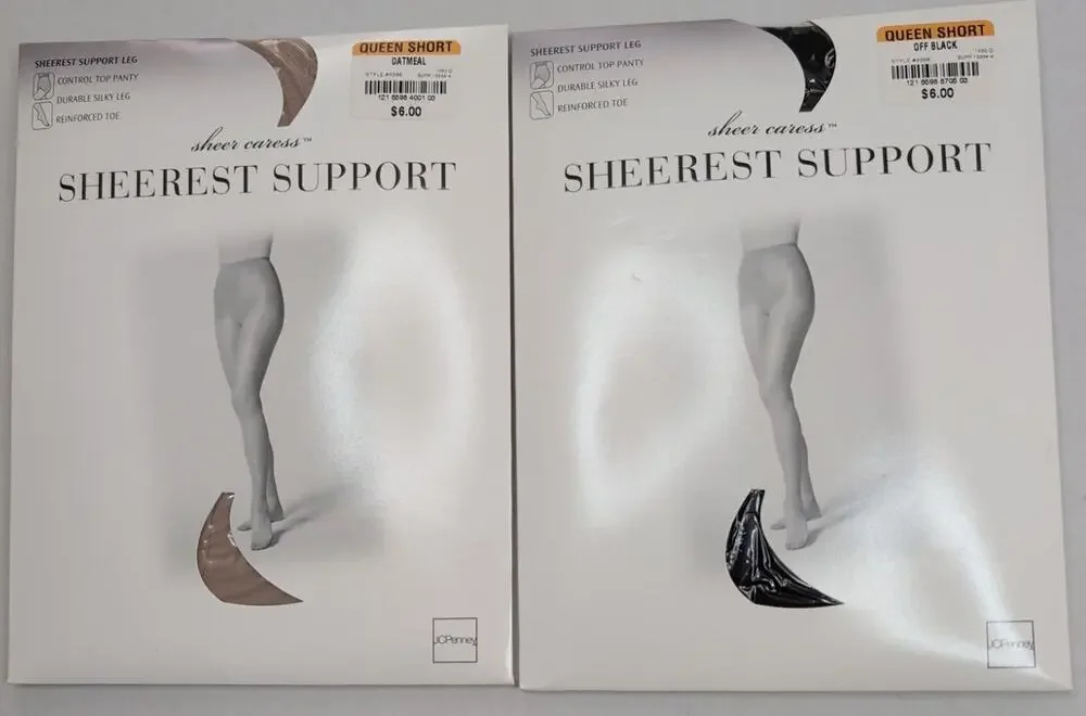 2 Sheer Caress Sheerest Support Control Top Pantyhose Queen Short Oatmeal &Black